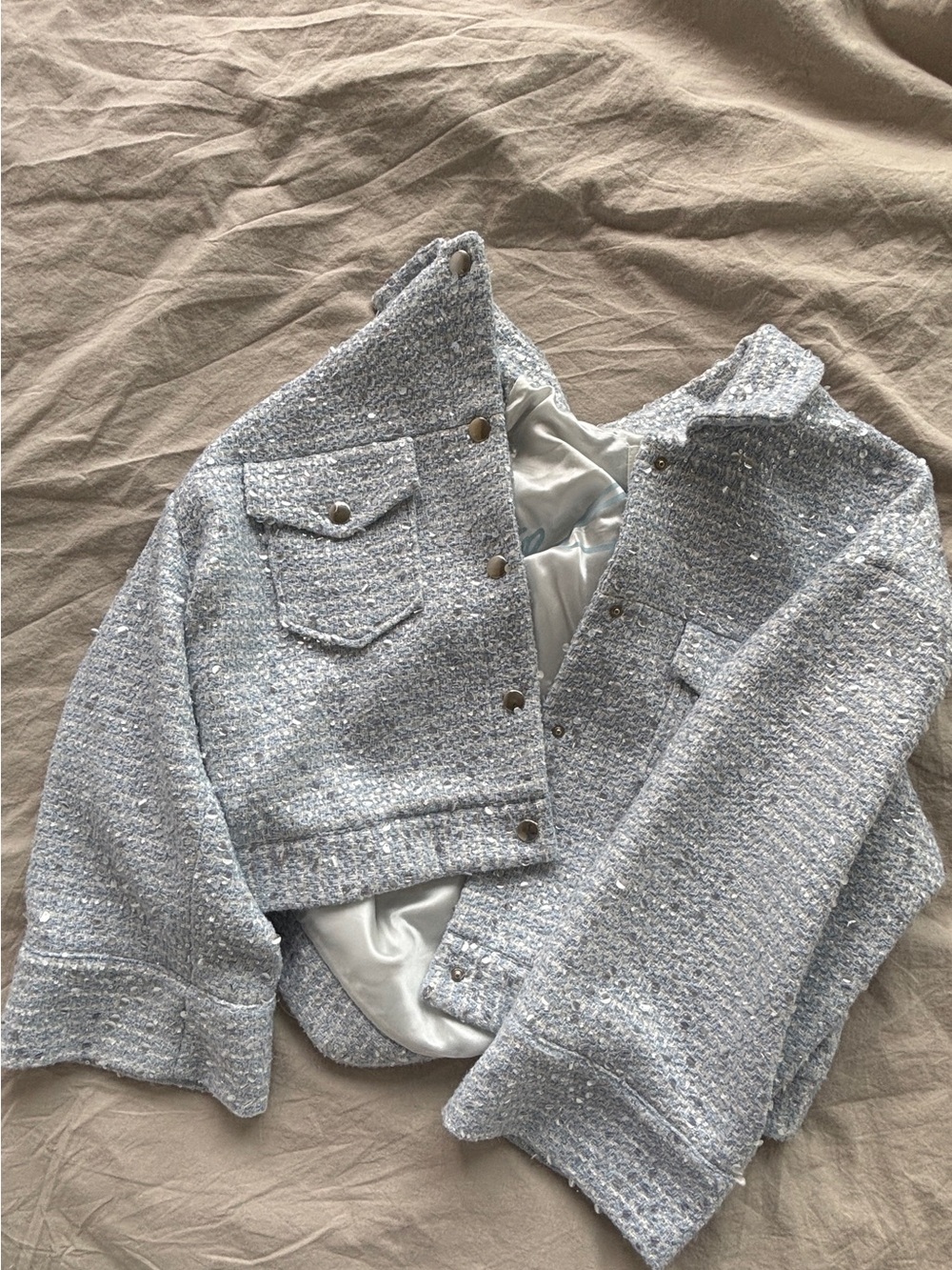 Light Blue Tweed Cropped Jacket with Sequins